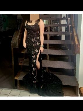 Black Sequin Butterfly Embellished Evening Gown